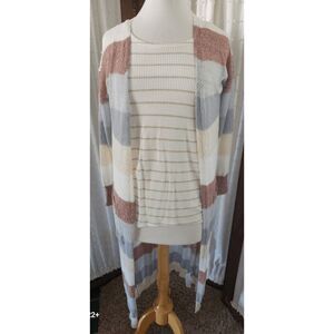 C8 Cozy Casual long open front sweater Cardigan brown white tan & gray striped